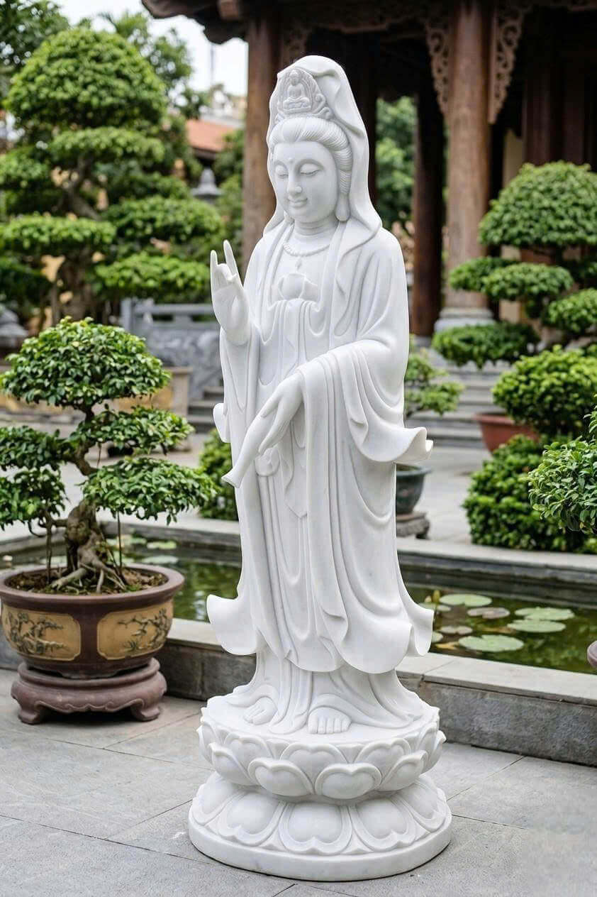 Tượng Phật Bà Quan Âm bằng đá trắng tự nhiên nguyên khối